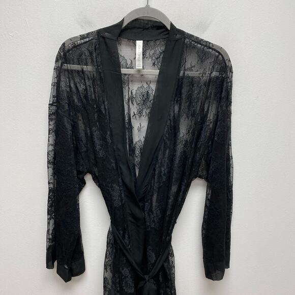 Cacique Womens Black Lace Sheer Long Sleeve Stretch Tie Front Kimono Robe 18/20 - Picture 2 of 10